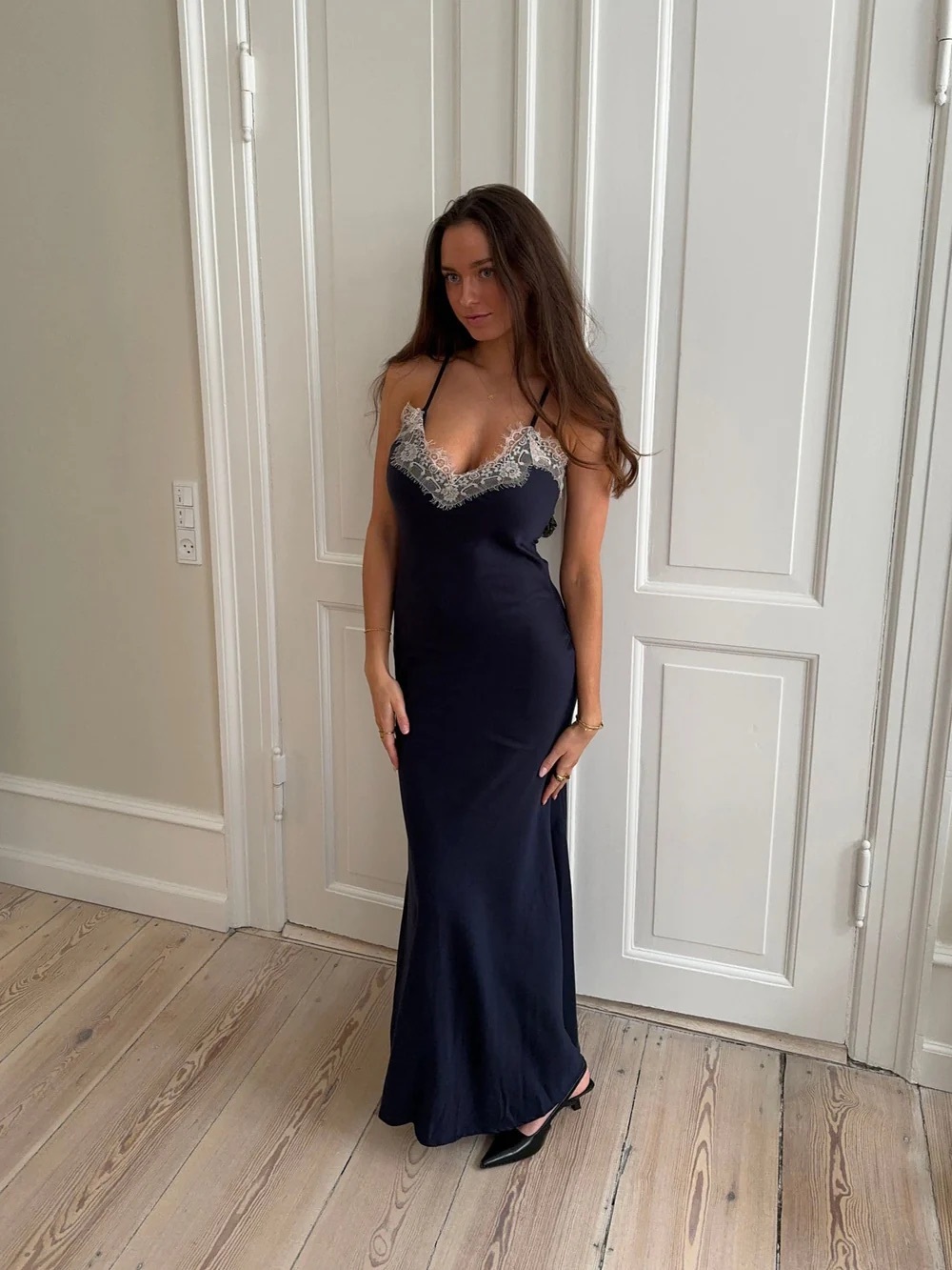 Sincerely Jules Navy Maxi Slip Dress with Ivory Lace Trim NWT size S